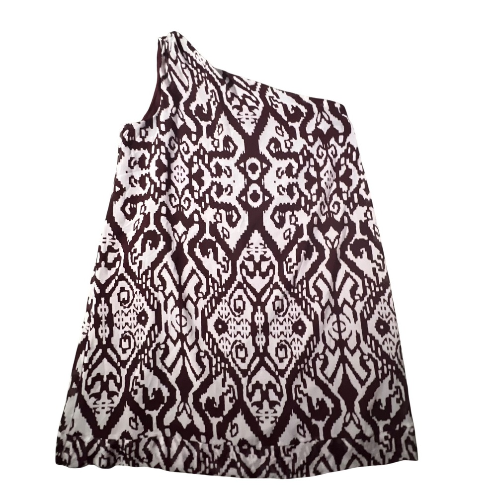 New York & Company Eva Mendes Dress Women Large Burgundy Ikat One Shoulder NWT‎